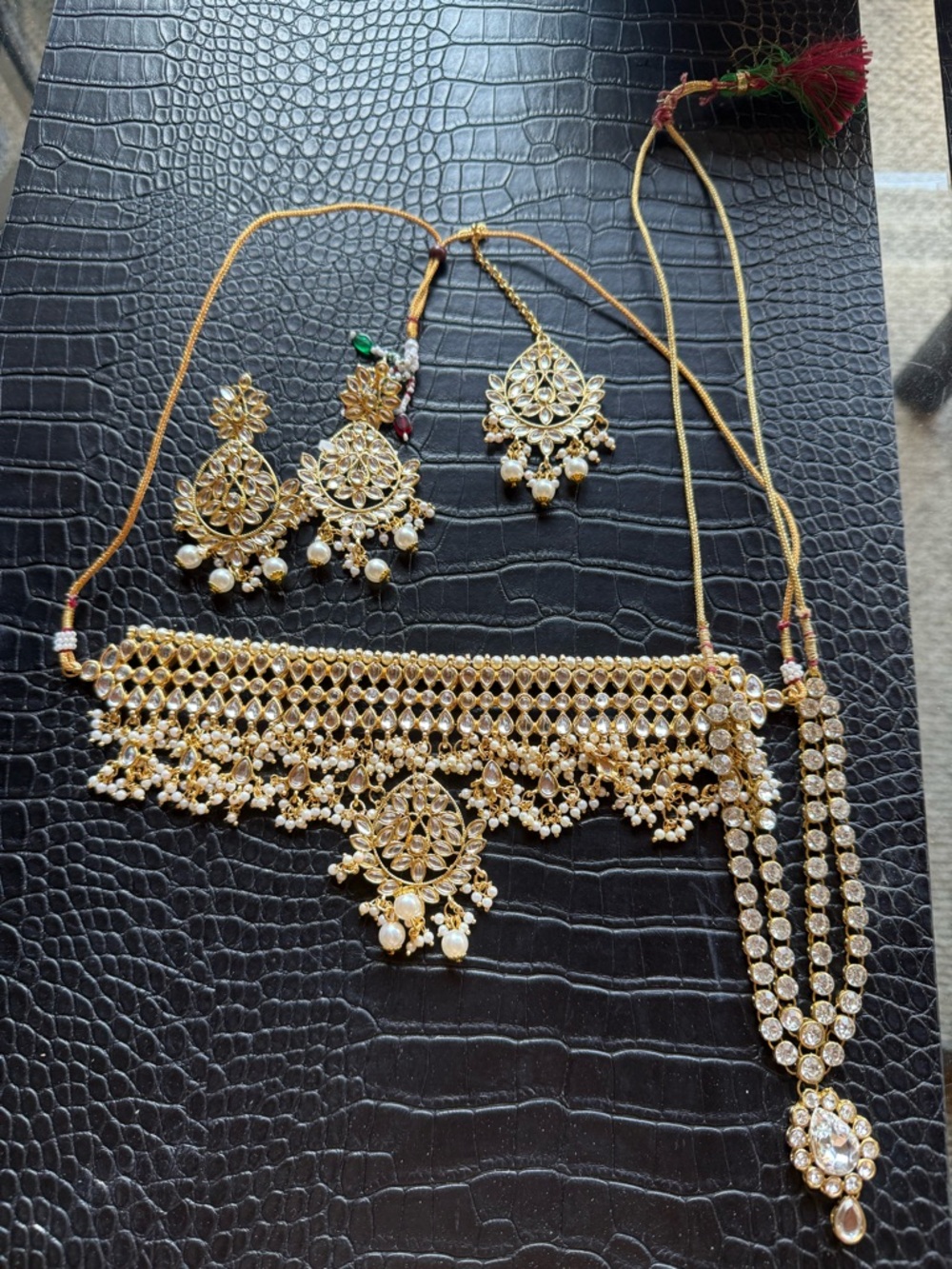 Gold Kundan-Style Bridal Choker Necklace Set with Earrings - Women Jewelry